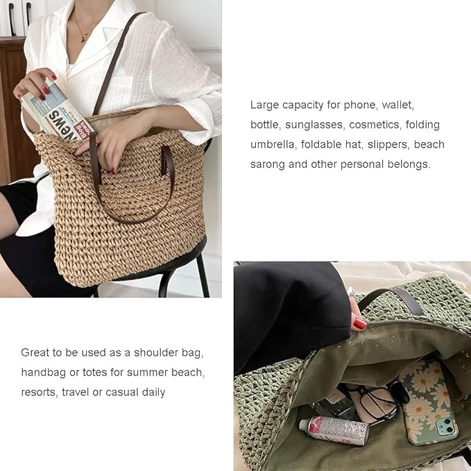 Large Straw Beach Bag for Womens, Straw Handbag Woven Tote Bag With Zipper Summer Shoulder Bag