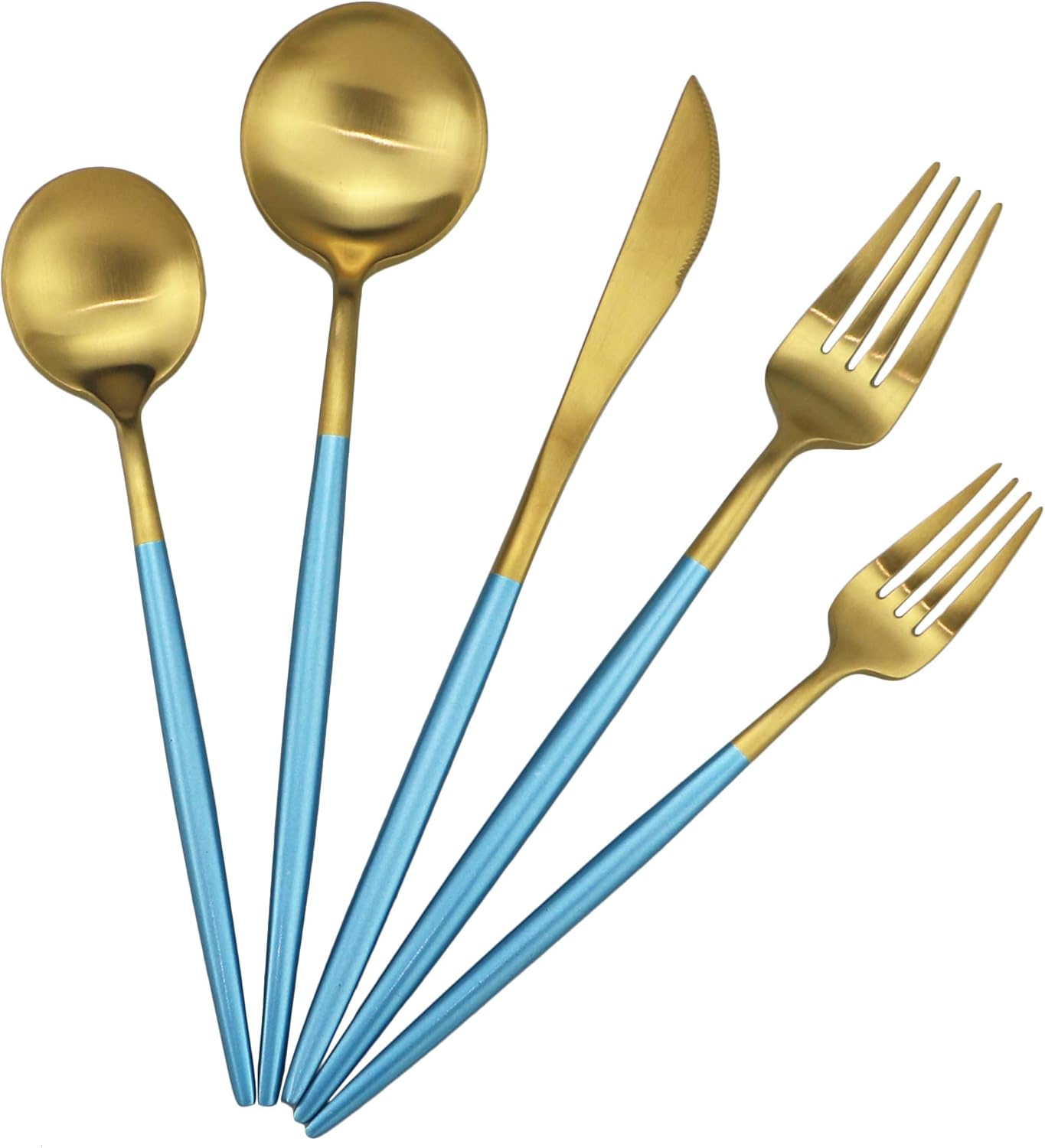 Gugrida Blue Handle Matte Gold Silverware Set - 5-Piece 18/10 Stainless Steel Satin Finish Flatware, Kitchen Utensils, Tableware Travel Cutlery for Camping, Office, School Lunch - Dishwasher Safe