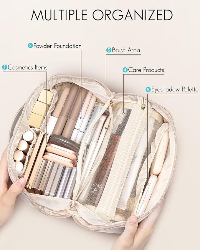 VLANDO Makeup Bag,Travel Toiletry Bag,Cosmetic Bag for Women PU Leather Portable Make up Bag for Skincare, Brushes & Travel Essentials-Off White