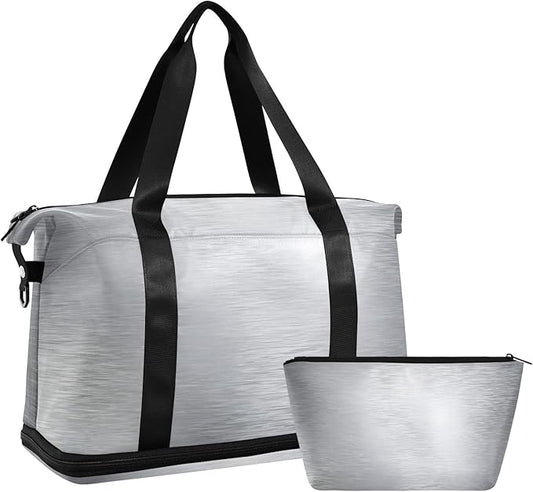 Travel Duffel Bags for Women Metallic Silver Print Sports Duffel Bags Gym Bags with Shoes Compartment Tote Bag Weekender Bag for Travelling