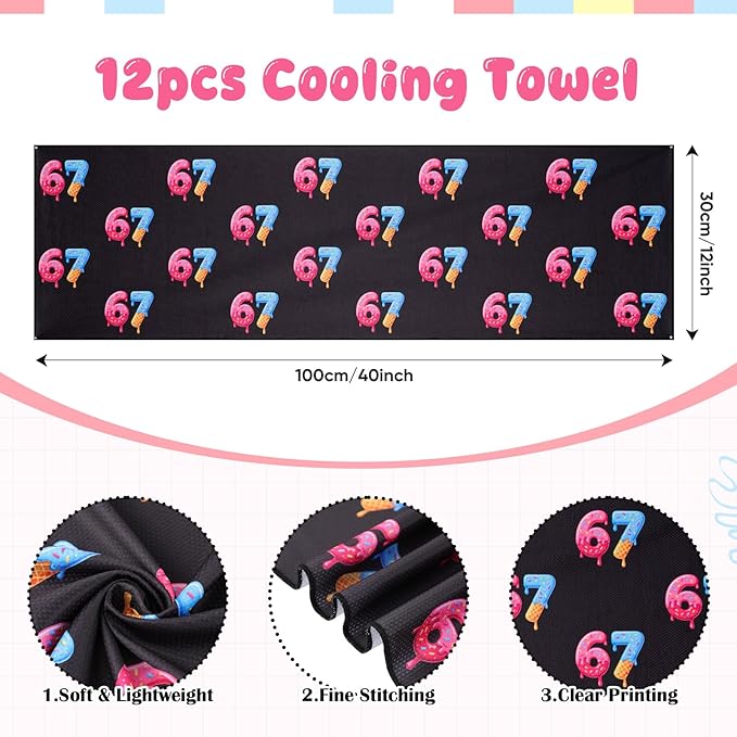 12 Pcs Six Seven Ice Cream Drip Cooling Towel 40"x12" Swim Pool Towel Cooling Baseball Softball Team Gift Youth Gift for Hot Weather Workout Gym Sport Party Favors (67 Ice Cream)