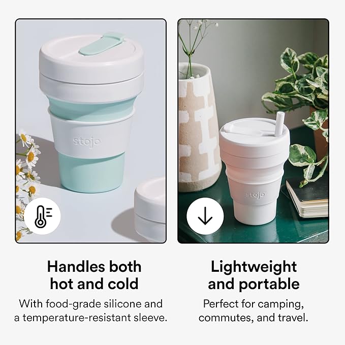 STOJO Collapsible Travel Cup Gift Set With Straw - 2-Pack, Mint Green & Quartz White, 16oz / 470ml - Reusable To-Go Pocket Size Silicone Cup for Hot and Cold Drinks - Microwave & Dishwasher Safe