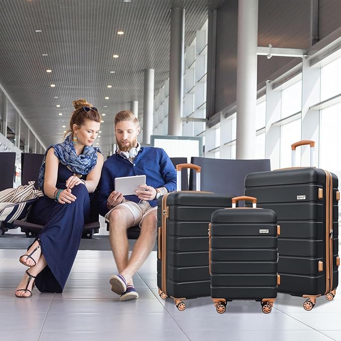 3-Piece Hardshell Luggage Set, Lightweight Expandable Suitcase with TSA Lock and Double Spinner Wheels, 20% Expansion for Extra Packing, Carry-On and Checked Bags, Apricot Black