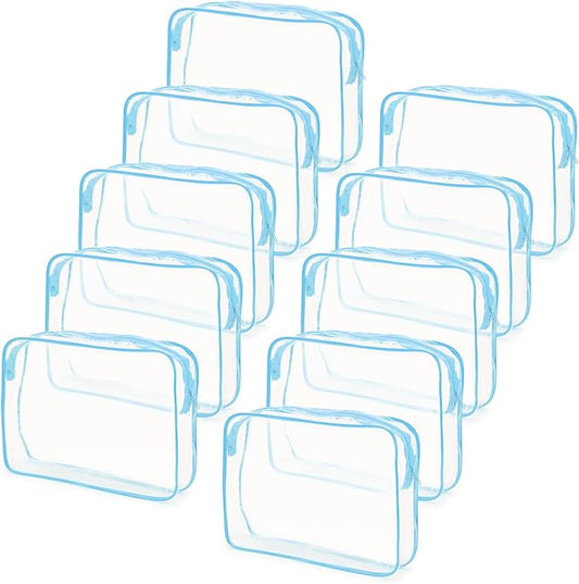 Tbestmax 10 Pack Clear Cosmetic Bags Makeup Bags Portable Waterproof TSA Approved Travel Toiletry Bags Large Organizer Blue, 9.8" x 7.1" x 2.4"