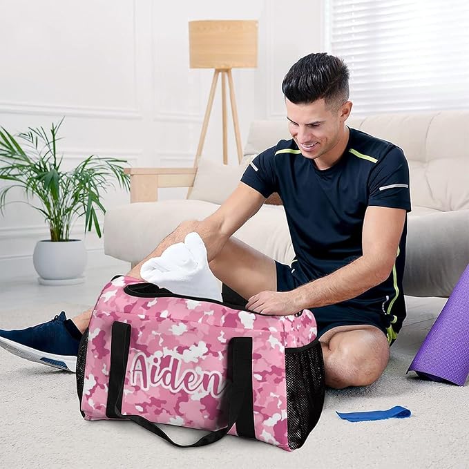 Personalized Name Travel Bag Sports Player Duffel Bags Camouflage Pink White Camo Perform Training Bag for Men Women Adjustable Shoulder Strap