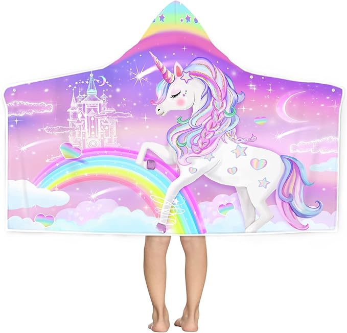 Bonsai Tree Unicorn Beach Towel, Unicorn Towel for Girls with Hood, Rainbow Unicorn Hooded Towel for Kids 30" x 50", Cute Cartoon Microfiber Absorbent Soft Bath Towel Poncho Bathrobe for Swin Pool