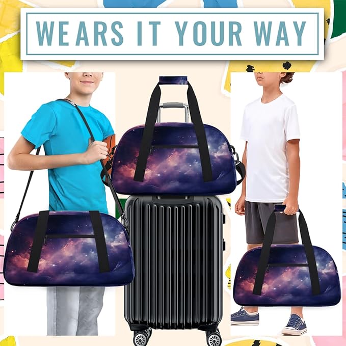 Purple Pink Nebula Sports Duffel Bags, Water-Resistant Gym Duffle Bag for Men Women, Lightweight Weekender Overnight Bag for Fitness, Workout, Travel