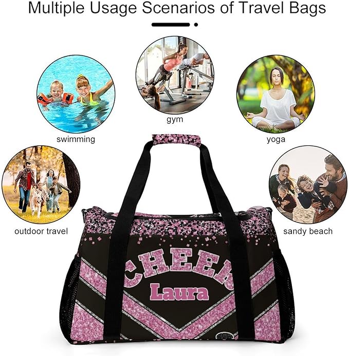 Personalized Cheer Bag Gifts for Girls Sport Cheerleading Gym Travel Duffel Bag Overnight Weekender Bags with Name (Pink)
