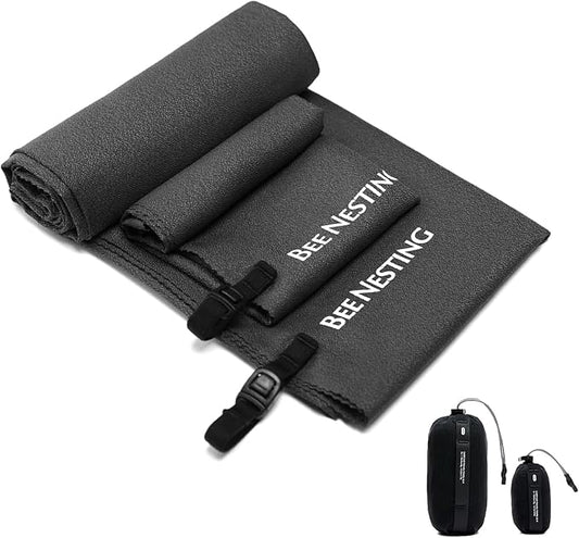 Bee Nesting Ultralight Quick Dry Towels in XLarge & Small Sizes with Compact Packable Pocket Microfiber Towel for Backpacking Travel Beach Hiking Swimming Sports & Yoga (Black 2 Set)