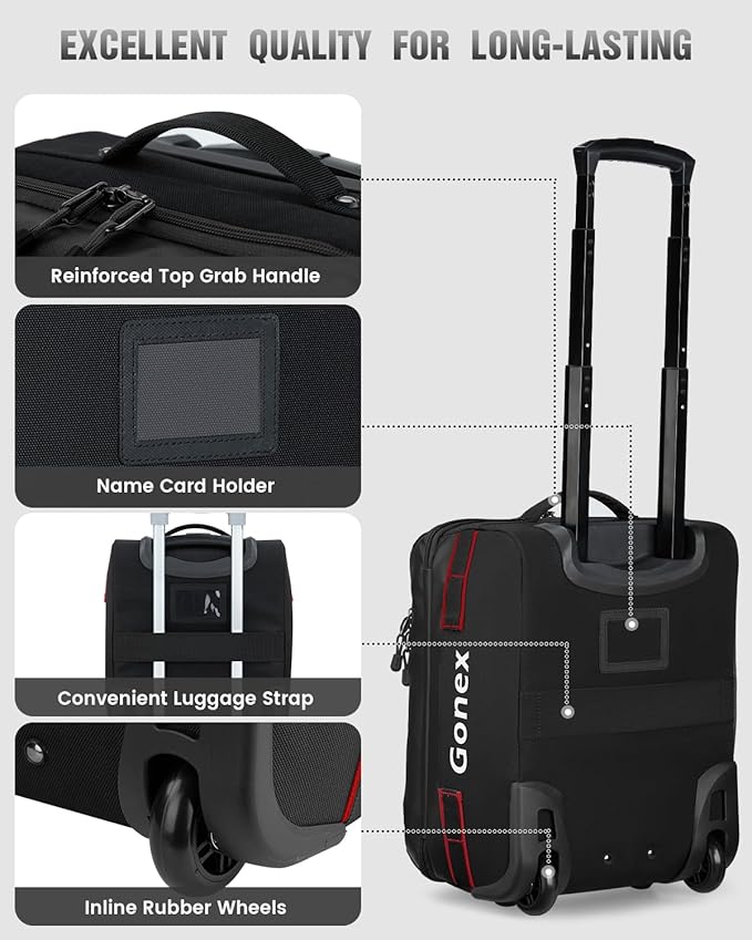 Gonex Waterproof Underseat Carry on Luggage with Wheels, 16 inch PVC Small Wheeled Travel Luggage for Airline, Rolling Overnight Weekender Suitcase for Men Women 30L, Black
