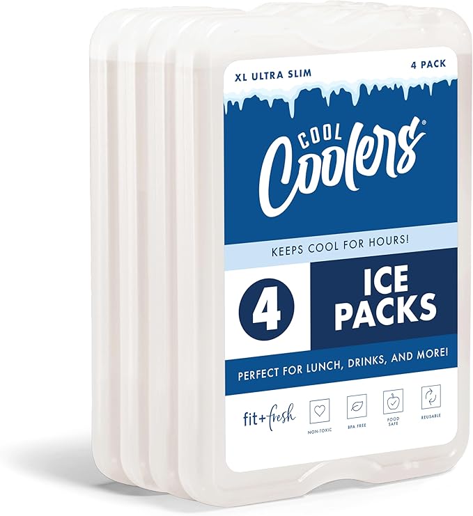 Cool Coolers by Fit & Fresh XL Slim Ice Packs, Quick Freeze Reusable Ice Packs for Lunch Boxes & Coolers, Long-Lasting, Space Saving Cooler Ice Packs, Ivory, 4Pk