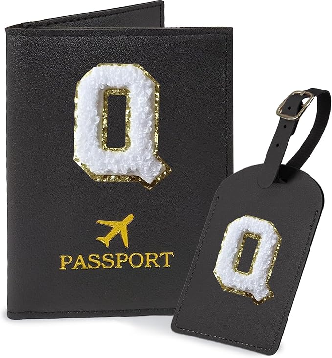 COSHAYSOO Black Passport Cover Holder and Initial Luggage Tag Set TSA Approved with Personalized Monogram Chenille Letter Patch for Women Teen Girls Couples, Preppy Travel Bag Suitcase Identifier (Q)