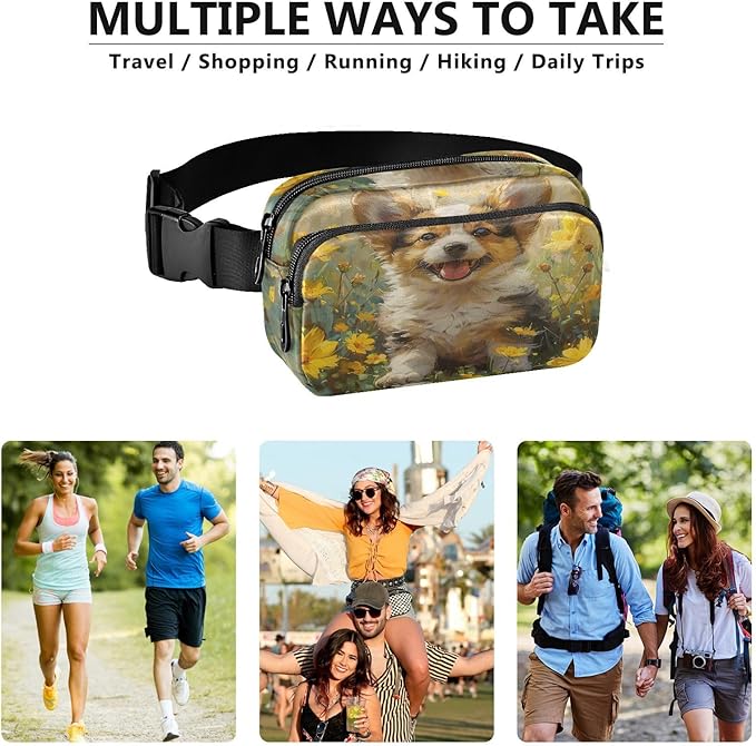 Cute Corgi Puppy Yellow Flowers Fanny Pack for Women Men Water Resistant Fashion Waist Packs with Adjustable Strap Belt Bag for Travel Workout Jogging Hiking 21219847