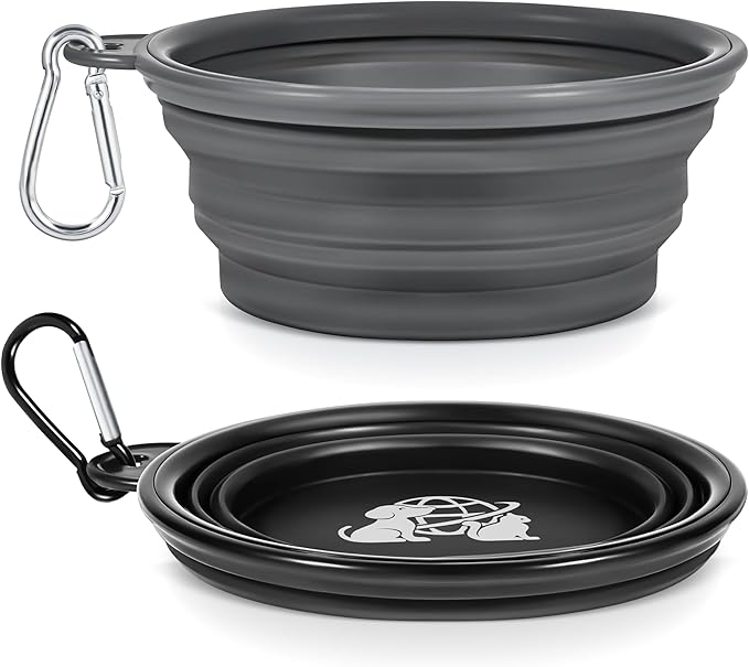 Portable Dog Bowls 2 Pack - Collapsible Silicone Travel Dog Bowls for Small, Medium & Large Dogs, Foldable Outdoor Bowl with Clip, Lightweight for Hiking Camping Backpacking（Large）