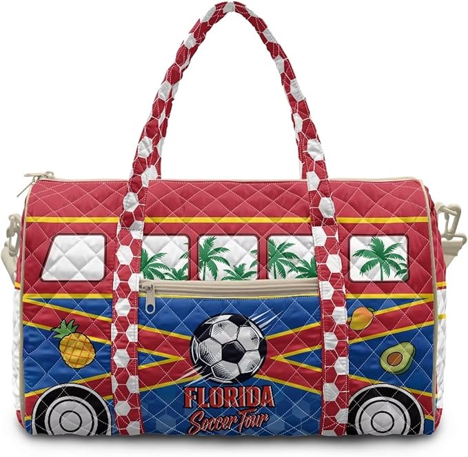 COEQINE Quilted Travel Bags for Men Large Quilted Tote Bag Large Floral Travel Bag Gym Bag Carry On Duffel Handbags,Florida Van Car on Red Blue