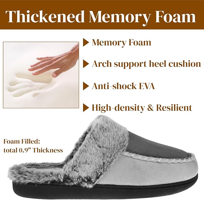 VONMAY Women's Memory Foam Slippers Moccasin Slip-on Scuff House Shoes Fuzzy Faux Fur Lining Indoor Outdoor for All Seasons