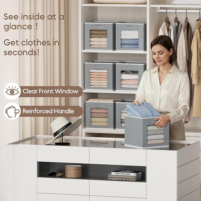 Foldable Storage Cubes - Cubby Storage Organizer with Window, 11 Inch Baskets for Organizing, Collapsible Fabric Storage Cubes for Shelves, Closet, 10 Pack, Grey