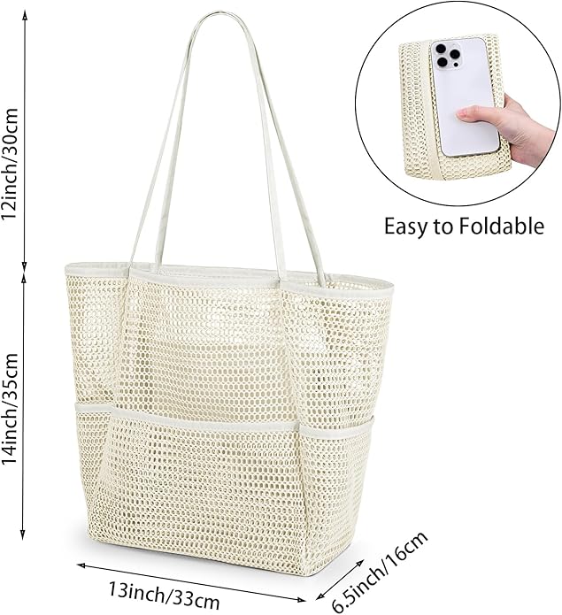 Iioscre Beach Bag for Women, Causal Hobo Pool Bags with Zipper Inner Pocket, Foldable Swim Tote Bag for Vacation Essentials