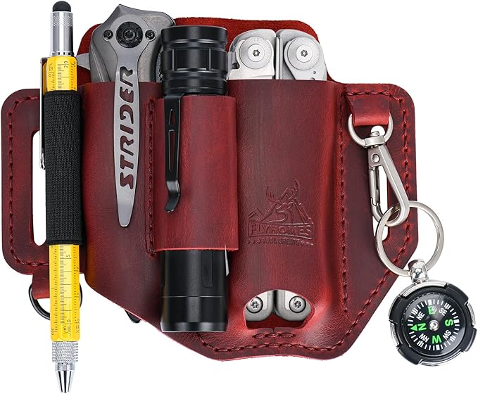 FLYHOMES Premium Full-Grain Genuine Cowhide Leather Multitool Sheath | Handmade Stitched Belt Organizer for Leatherman, Flashlight, Pen & EDC Tools | Multi-Tool Holster Pouch with Keychain Clip