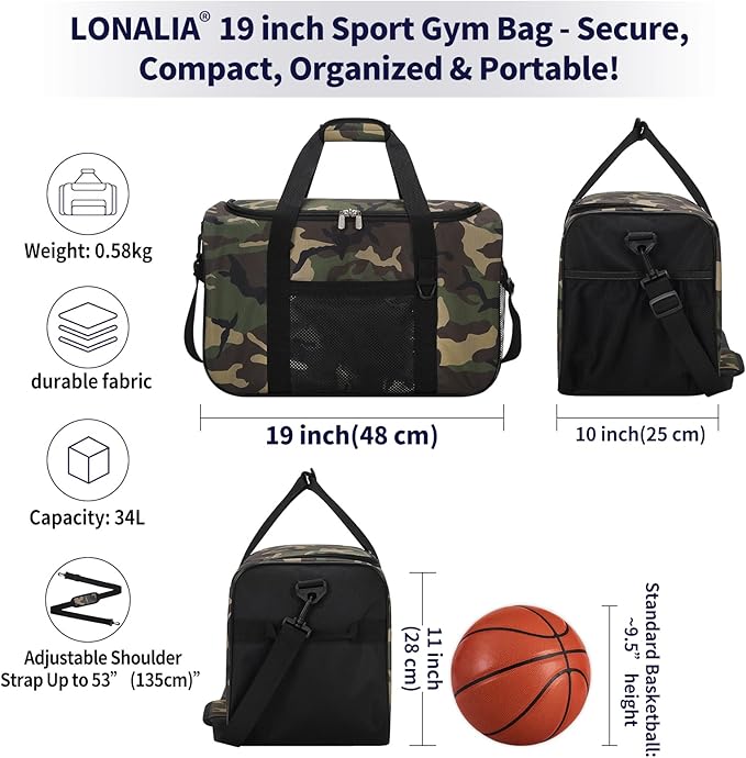 35L Sports Gym Duffle Bag - 19 inch Weekender Duffel for Workout, Basketball, Fitness, Training(Camo)