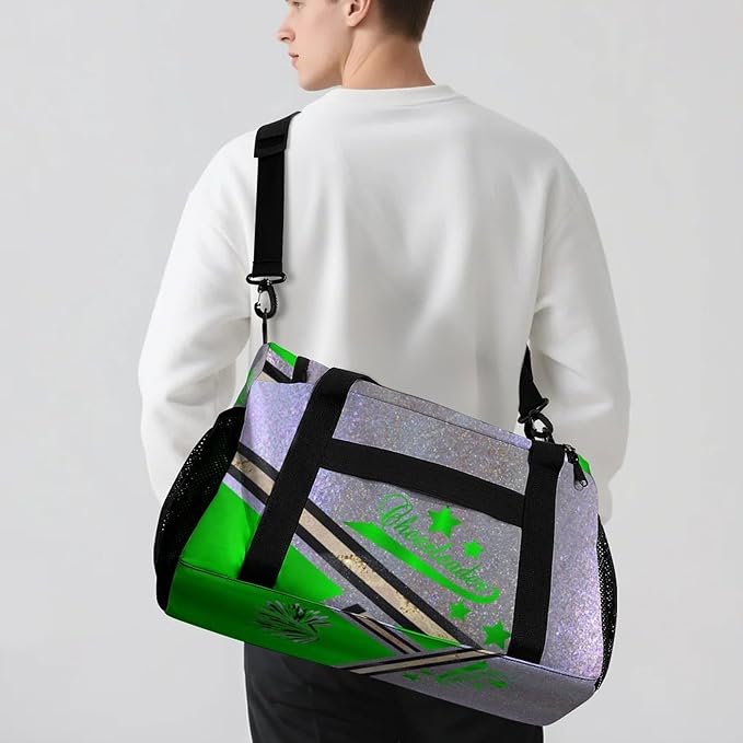 Cheerleader Green Grey Glitter Print Duffle Bag for Men Women, Personalized Custom Name Text Crossbody Bags, Travel Sport Gym Perform Training Gym Bag