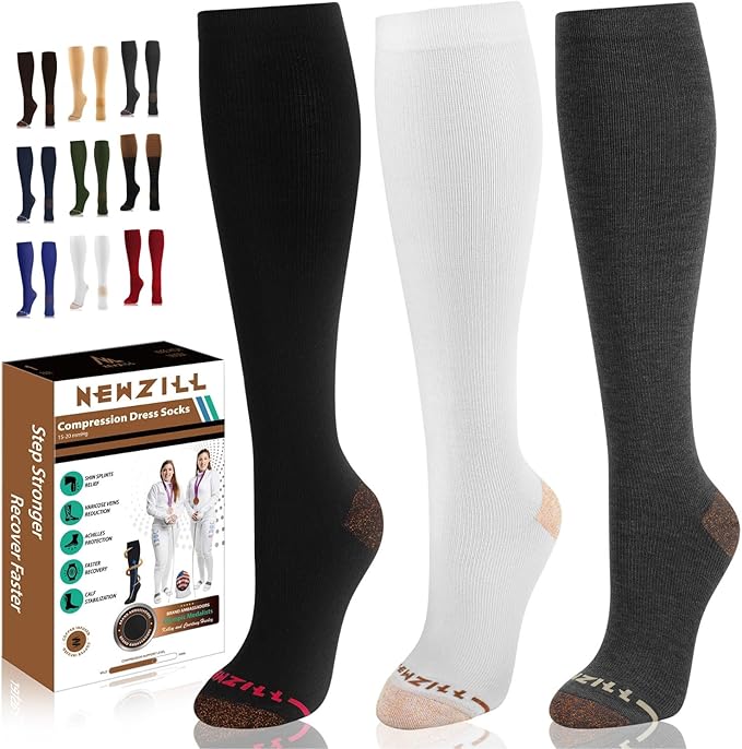 NEWZILL Copper Compression Socks for Women & Men 15-20mmHg Cotton Rich Odor Control Dress Socks for Business Casual Running Medical Athletic Support, Edema Diabetic Relief