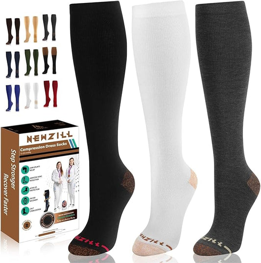 NEWZILL Copper Compression Socks for Women & Men 15-20mmHg Cotton Rich Odor Control Dress Socks for Business Casual Running Medical Athletic Support, Edema Diabetic Relief