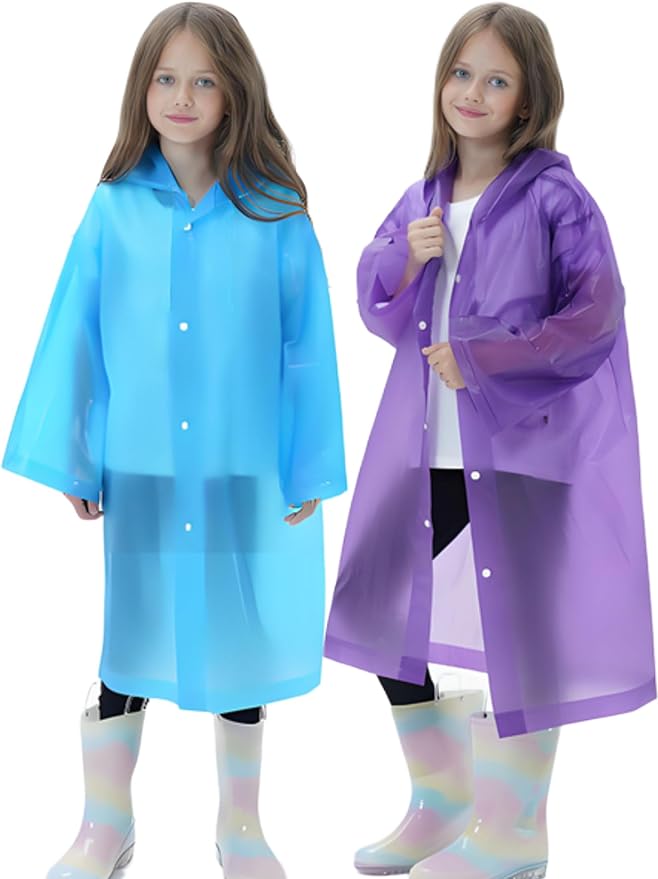 2 Pack Raincoats for Kids, Reusable Rain Ponchos with Hood and Sleeves Rain Coats for Boys and Girls