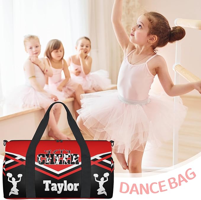 Custom Name Sports CHEER Bag for Teens, Personalized Gym Travel Weekender Tote Carry-On Bag, Red with Black Cheerleader Team
