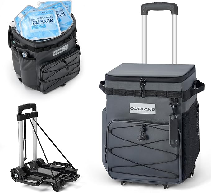 Odoland 48/72 Can Rolling Cooler Bag with Wheels & Handle, Collapsible Insulated Ice Chest for Beach, Camping & Tailgating - Portable Travel Soft Cooler on Wheels, Collapses for Easy Storage