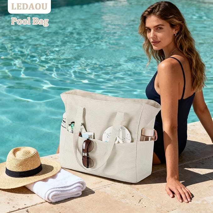 LEDAOU Large Beach Bag Women Waterproof Sandproof Zipper Beach Tote Pool Bag for Swim Gym Grocery Travel with Wet Pocket | Waterproof, Sandproof, Zipper, Pool, Gym, Grocery
