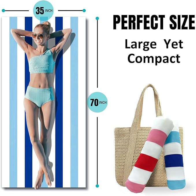 cabanana Large Oversized Beach Towel - Microfiber Sand Free 35 x 70 Inch Quick Dry Lightweight Pool Towel for Adults, Thin Striped Swim Towel (Navy)