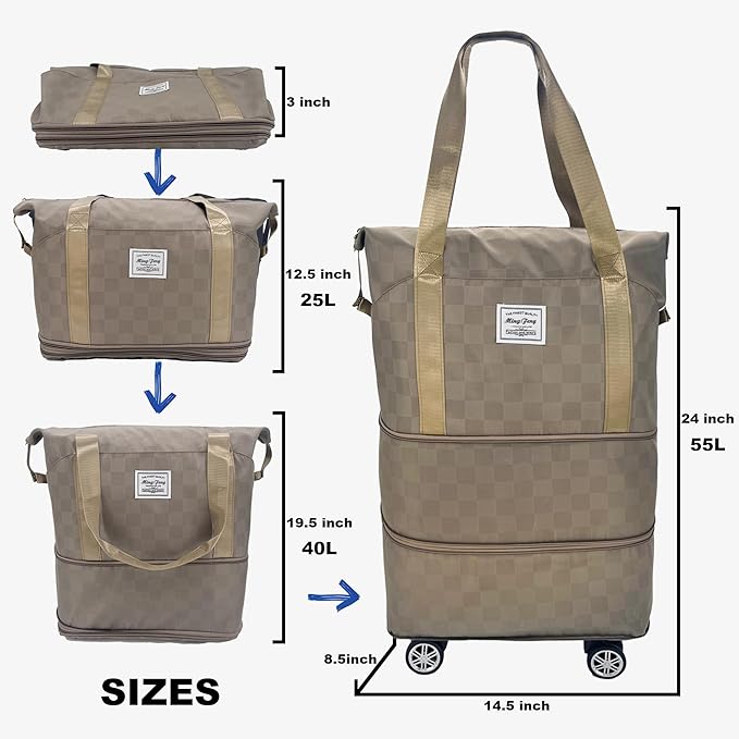 Expandable foldable duffel bag suitcase, detachable rolling wheels,carry-on large duffel bag,luggage bag,suit gym,camping,travel or business trip,Gift for wife and parents-Checkerboard(KHAKI)