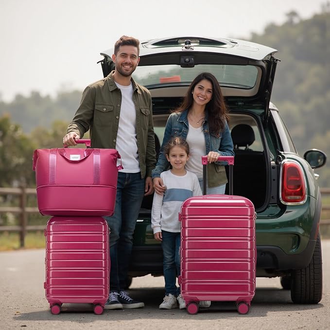 LARVENDER 5 Piece Hardside Expandable Luggage Sets with Wheels Lock, Lightweight PC+ABS Rolling Hardside Suitcase for Women and Men,Glossy Very Berry