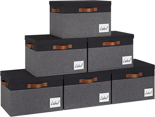 GhvyenntteS Storage Bins with Lids 6 Pack, Large Storage Baskets with Lid and 3 Handles, Foldable Fabric Storage Boxes with Lid and Label for Home Office (Grey&Black, 15" x 11" x 9.7")