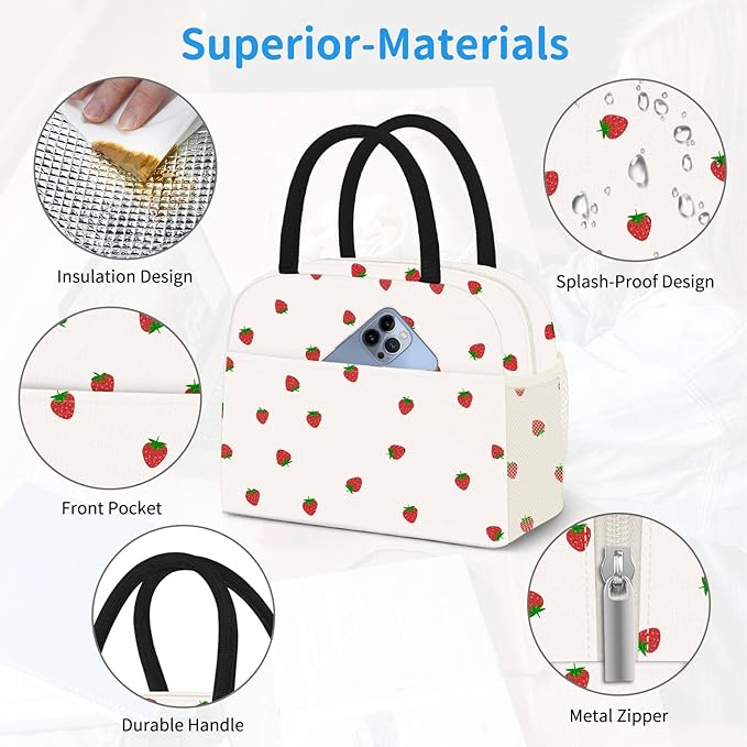 DALINDA Lunch Bag Lunch Box for Women Men,Cute Strawberry lunchbag Reusable Insulated Lunch Tote Bag