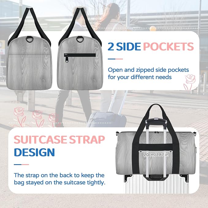 Rustic Wooden Gym Bag for Women 17 inch Waterproof Carry On Overnight Weekender Bag Sports Duffel Tote Bags for Travel Workout