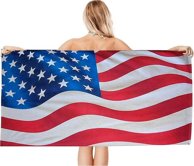 Waving USA Flag Beach Towel 30”x60” – 100% Cotton Velour, Highly Absorbent, Fast Drying, Easy Pack for Spring Break, Vacation, Beach, Pool, Sunbathing – Lightweight, Compact for Travel - Novelty Gift