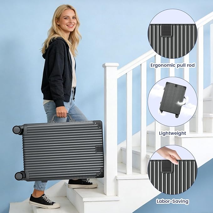 20 Inch Carry On Suitcase, Aluminum Frame Zipperless Hard Shell Luggage with Spinner Wheels, TSA Lock, USB Charging Port, Phone Holder, Cup Holder for Business Travel and Trips, Grey