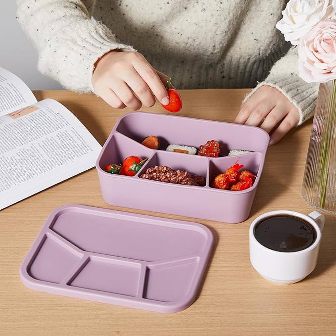 4 Pcs Silicone Bento Box Reusable Lunch Container Smooth Leak Proof Lunch Box Rectangle Bento Boxes for Adult Work Travel Food Meal Compartment Storage, 4 Colors(Pastel Color)