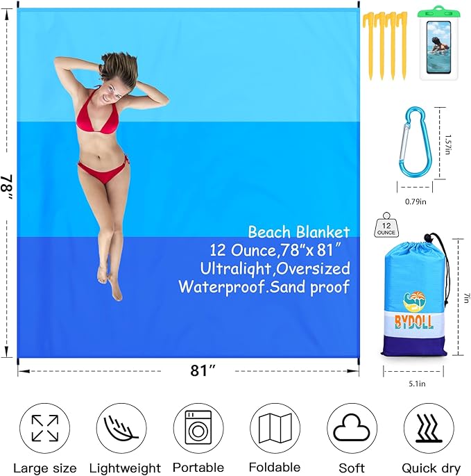 BYDOLL Beach Blanket 78''X81'' Waterproof Sandproof Suits1-4 Adults Oversized Lightweight Large Blanket Picnic Mat for Beach Sand Free Travel Camping Hiking Picnic