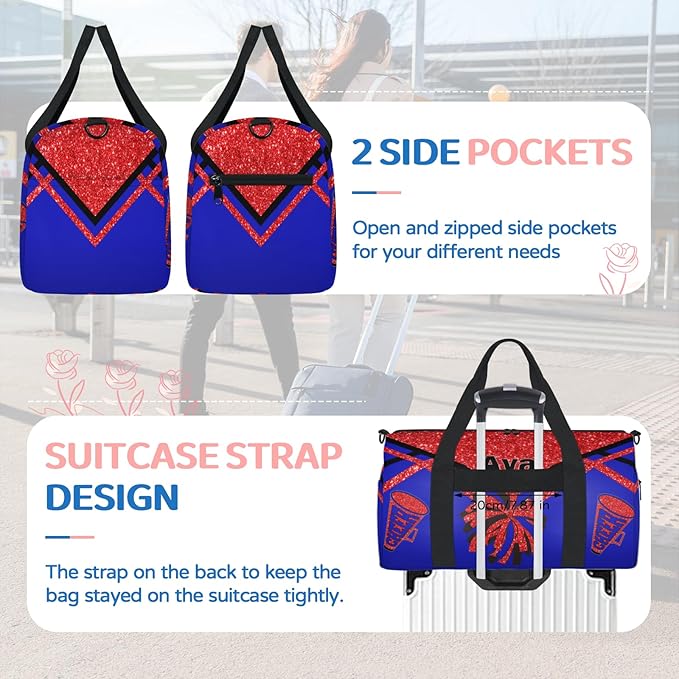 Personalized Teens Sport Duffle Gymnastics Bag, Custom Name Cheerleaders Carry On Weekender Bag for Women Travel Business Trip, Red Sequins Glitter Black Royal Blue