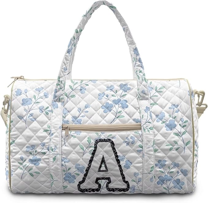 COEQINE Blue Floral Duffle Bag Quilted Tote Bag For Women Medium Personal Item Travel Bag Initial Name A-Z Toiletry Bag Weekender Overnight for Workout