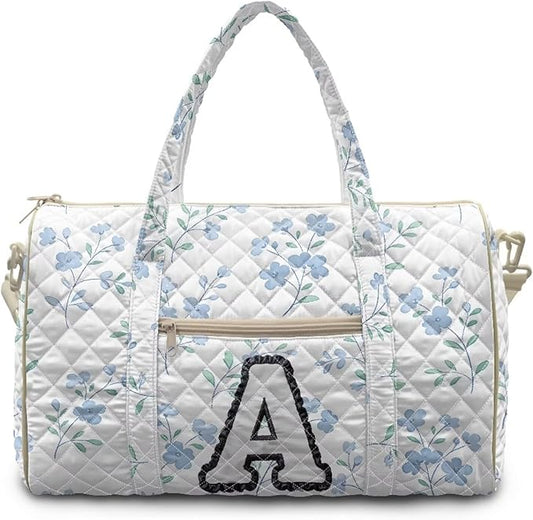 COEQINE Blue Floral Duffle Bag Quilted Tote Bag For Women Medium Personal Item Travel Bag Initial Name A-Z Toiletry Bag Weekender Overnight for Workout