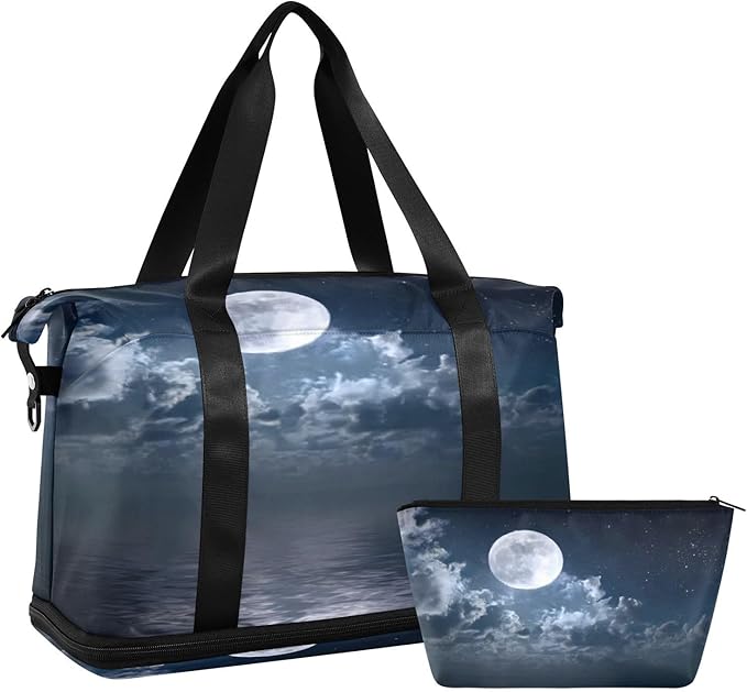 Travel Duffel Bags for Women Starry Moon over Water Sports Duffel Bags Gym Bags with Shoes Compartment Tote Bag Weekender Bag for Travelling