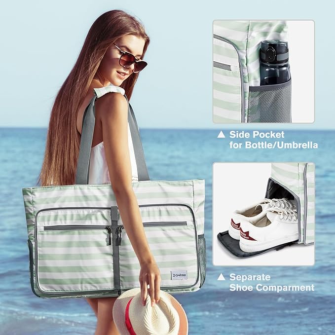 G4Free Large Beach Bag, Foldable Tote with Zipper, Waterproof Sandproof Pool Bag