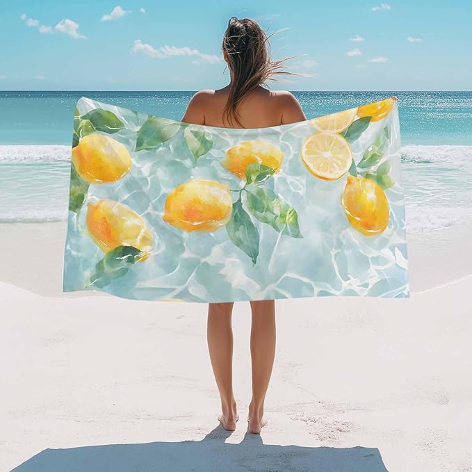 Watercolor Lemon Beach Towel 35" x 71" Summer Fruit Water Waves Lake Quick Dry Sand Free Pool Towels Soft & Absorbent Compact Towels Beach Accessories for Travel Bathroom Swimming Pool