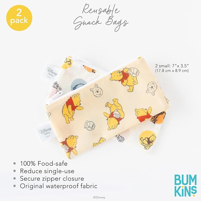 Bumkins Disney Reusable Snack Bags, for Kids School Lunch and for Adults Portion, Washable Fabric, Waterproof Cloth Zip Bag, Supplies Travel Pouch, Food-Safe Storage, 2-pk Winnie the Pooh