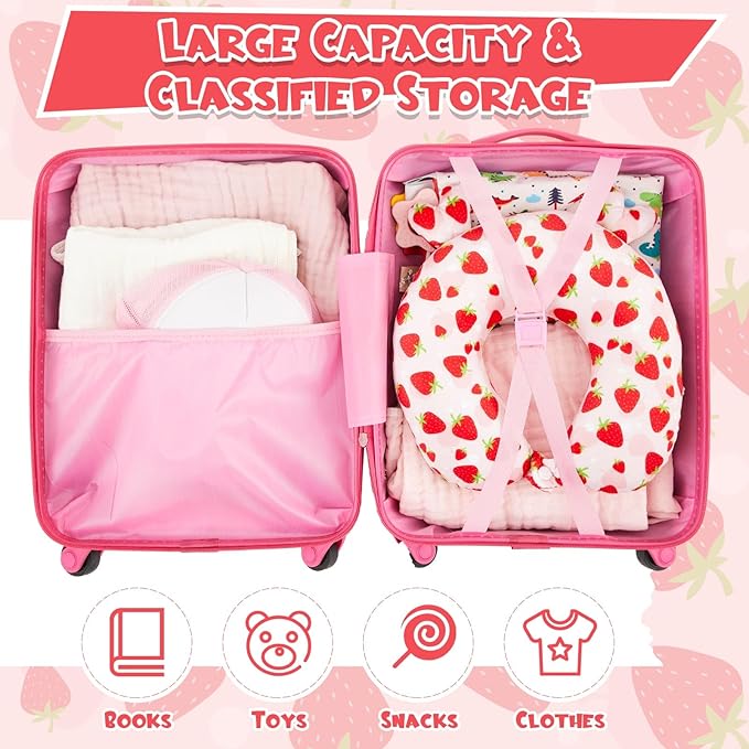 Sanwuta 4 Pcs Kids Luggage Set Rolling Suitcase Backpack U-shaped Pillow Kids Carry On Gift for Summer Travel Family Trip(17 Inch,Strawberry Style,Light Pink)