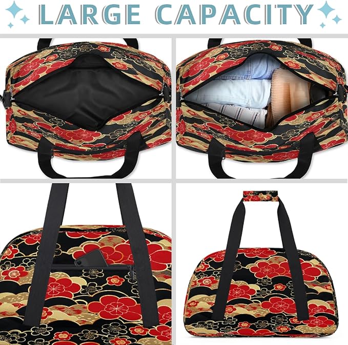 Sports Duffel Bags, Red And Black Japanese Cherry Blossoms Water-Resistant Gym Duffle Bag for Men Women, Lightweight Weekender Overnight Bag for Fitness, Workout, Travel
